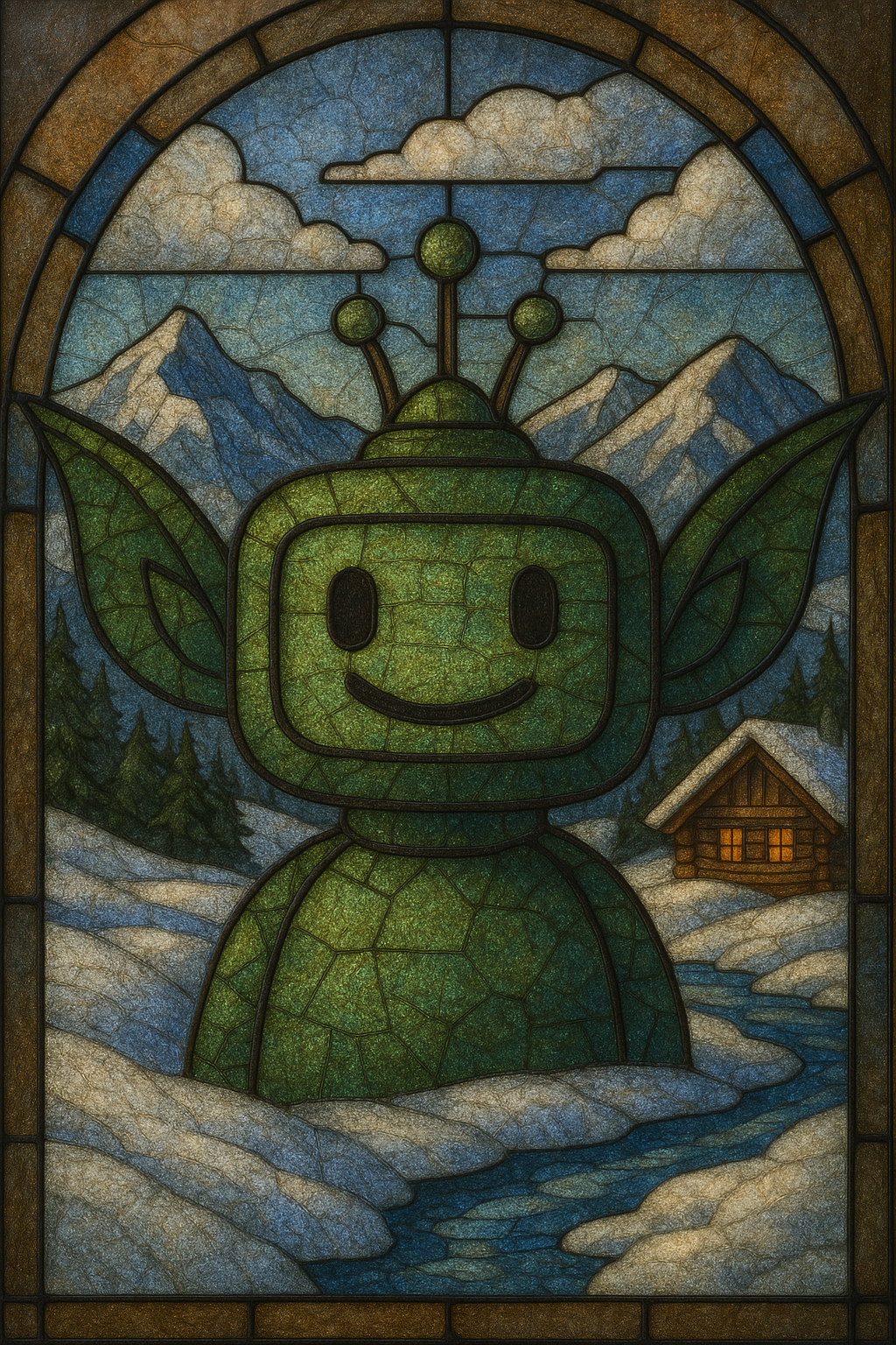 Stained glass goblin at ski lodge