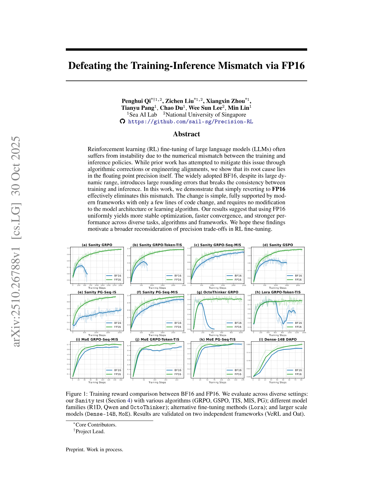 Defeating the Training-Inference Mismatch via FP16