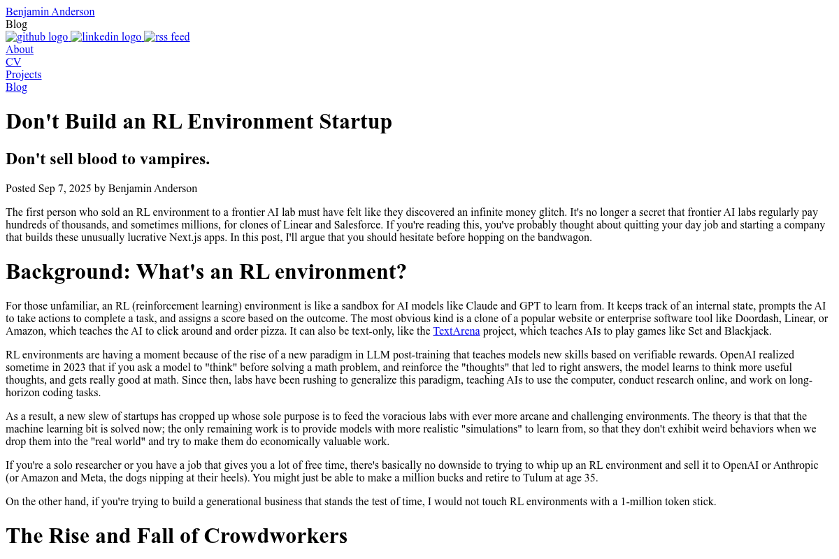 Don't Build an RL Environment Startup — Benjamin Anderson